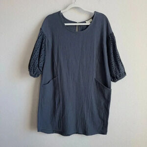 Umgee Women’s Wash Blue Gray‎ Eyelet Sleeves Pocket Tunic Dress Boho Size S NWT